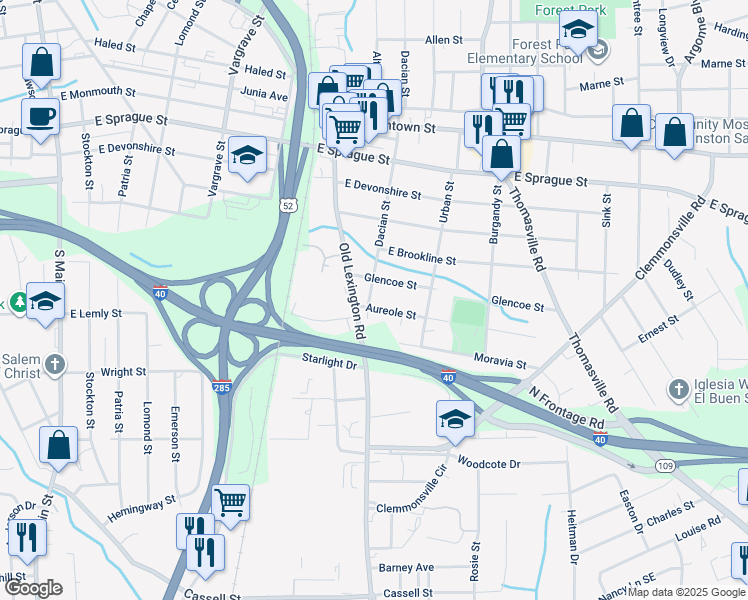 map of restaurants, bars, coffee shops, grocery stores, and more near 2813 Old Lexington Road in Winston-Salem
