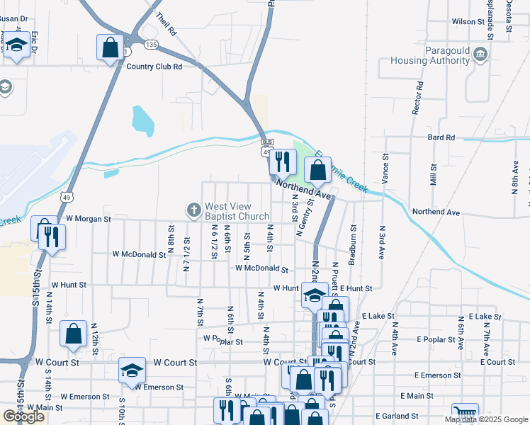 map of restaurants, bars, coffee shops, grocery stores, and more near 420 West Morgan Street in Paragould