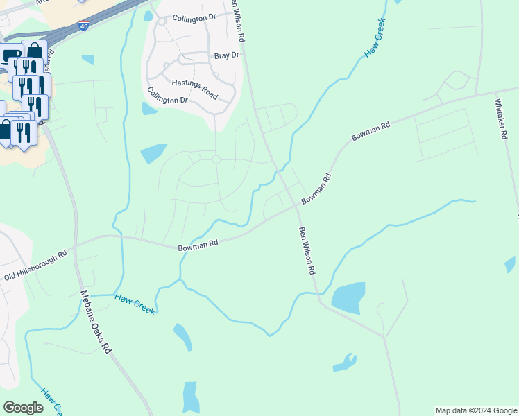 map of restaurants, bars, coffee shops, grocery stores, and more near 117 McDowell Lane in Mebane