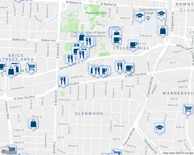 map of restaurants, bars, coffee shops, grocery stores, and more near 1040 W Lee St in Greensboro