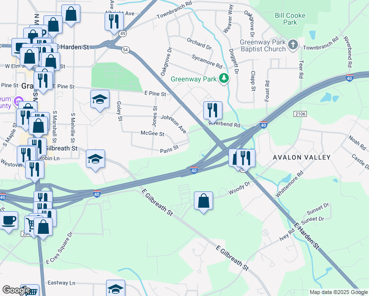 map of restaurants, bars, coffee shops, grocery stores, and more near 627 Paris Street in Graham