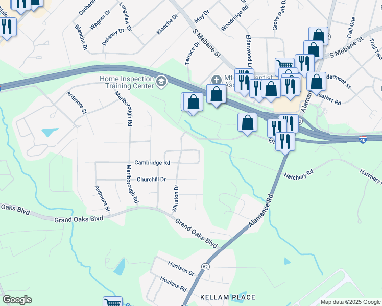 map of restaurants, bars, coffee shops, grocery stores, and more near 2117 Sweetbay Circle in Burlington