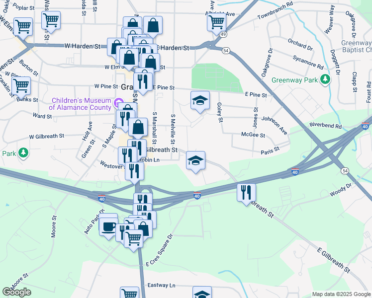 map of restaurants, bars, coffee shops, grocery stores, and more near 314 East Gilbreath Street in Graham