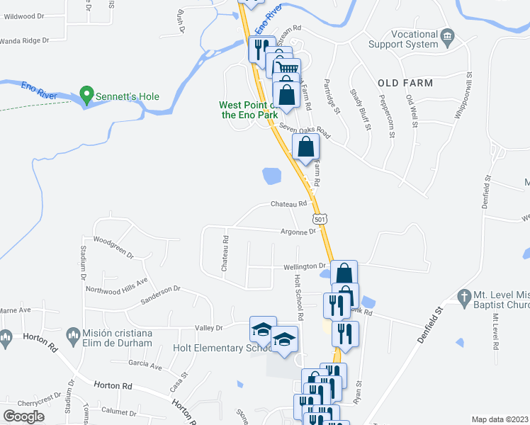 map of restaurants, bars, coffee shops, grocery stores, and more near 127 Chateau Road in Durham