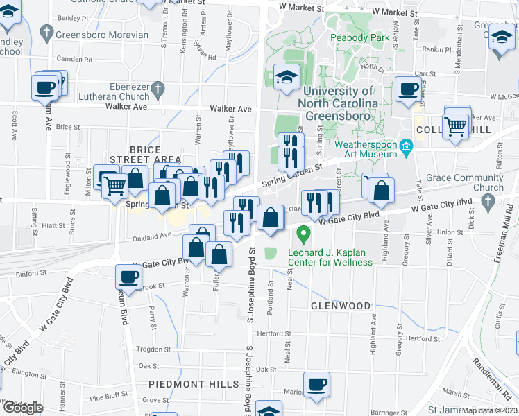 map of restaurants, bars, coffee shops, grocery stores, and more near 607 South Aycock Street in Greensboro