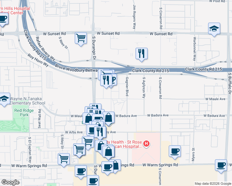 map of restaurants, bars, coffee shops, grocery stores, and more near 7030 West Badura Avenue in Las Vegas