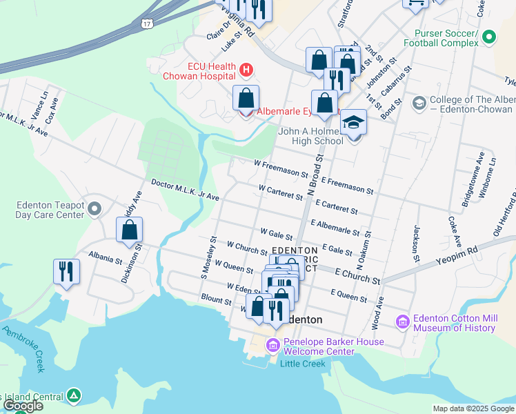 map of restaurants, bars, coffee shops, grocery stores, and more near 203 North Granville Street in Edenton