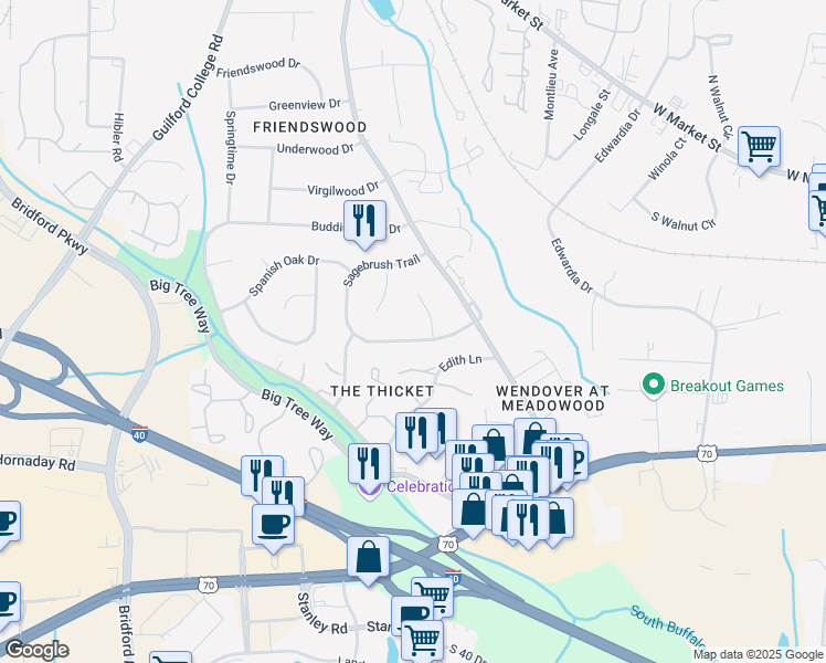 map of restaurants, bars, coffee shops, grocery stores, and more near 5702 Wildberry Drive in Greensboro