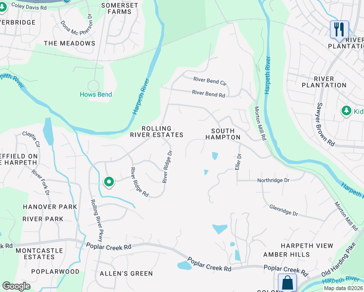 map of restaurants, bars, coffee shops, grocery stores, and more near 6916 River Ridge Drive in Nashville