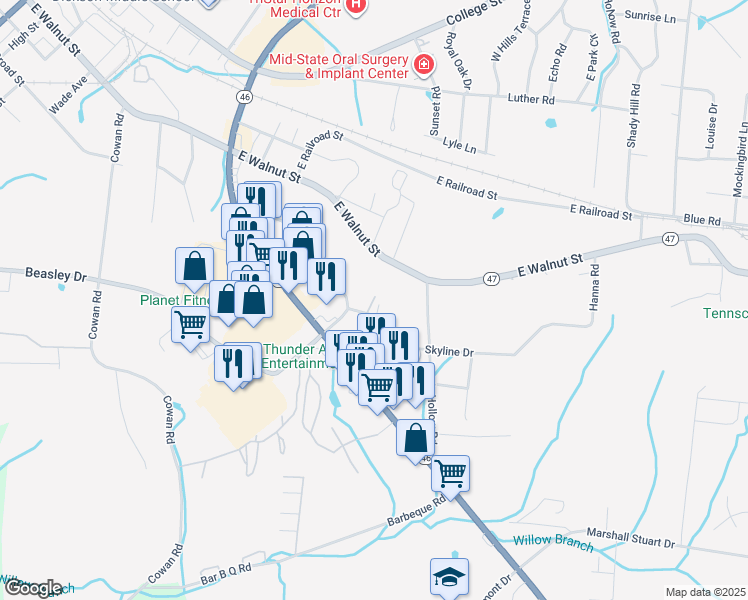 map of restaurants, bars, coffee shops, grocery stores, and more near 240 Skyline Drive in Dickson
