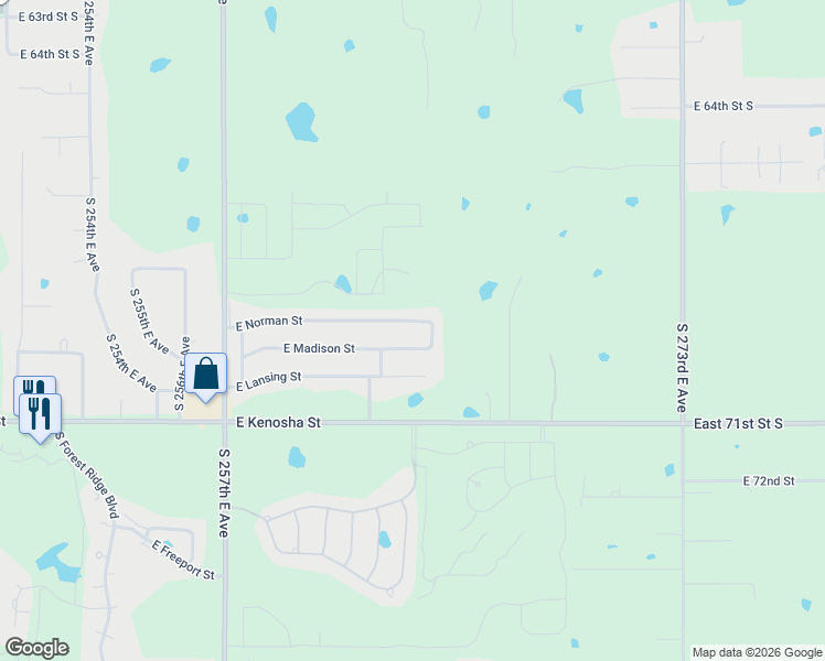 map of restaurants, bars, coffee shops, grocery stores, and more near 8409 East Madison Street in Broken Arrow