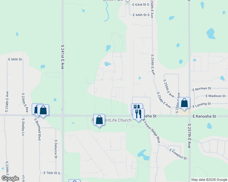 map of restaurants, bars, coffee shops, grocery stores, and more near 6918 South 245th East Avenue in Broken Arrow