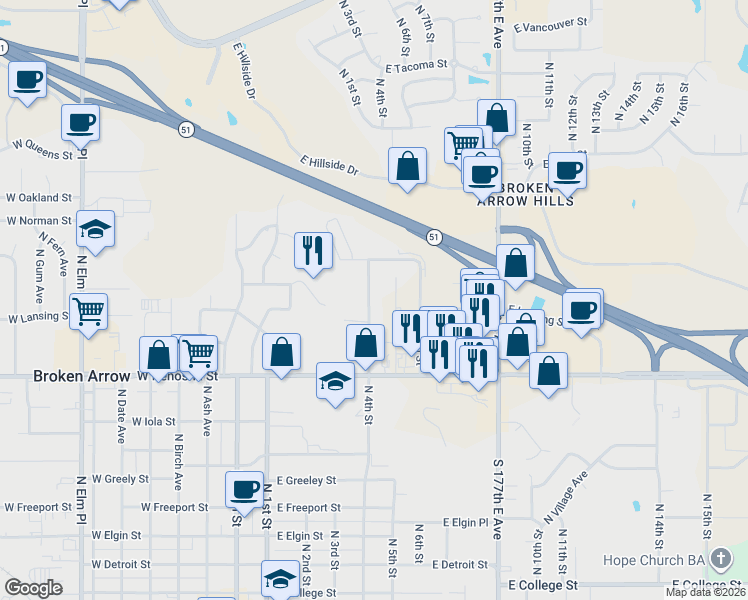 map of restaurants, bars, coffee shops, grocery stores, and more near 1100 North 4th Street in Broken Arrow