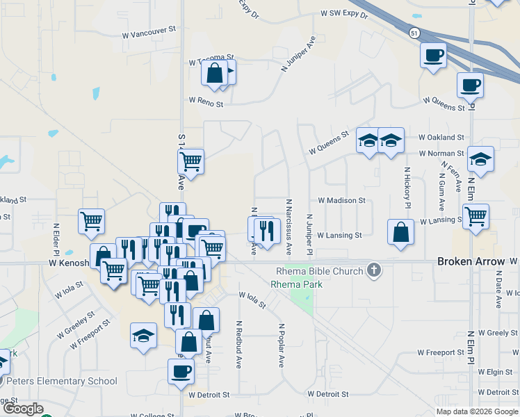 map of restaurants, bars, coffee shops, grocery stores, and more near 1045 North Redbud Avenue in Broken Arrow