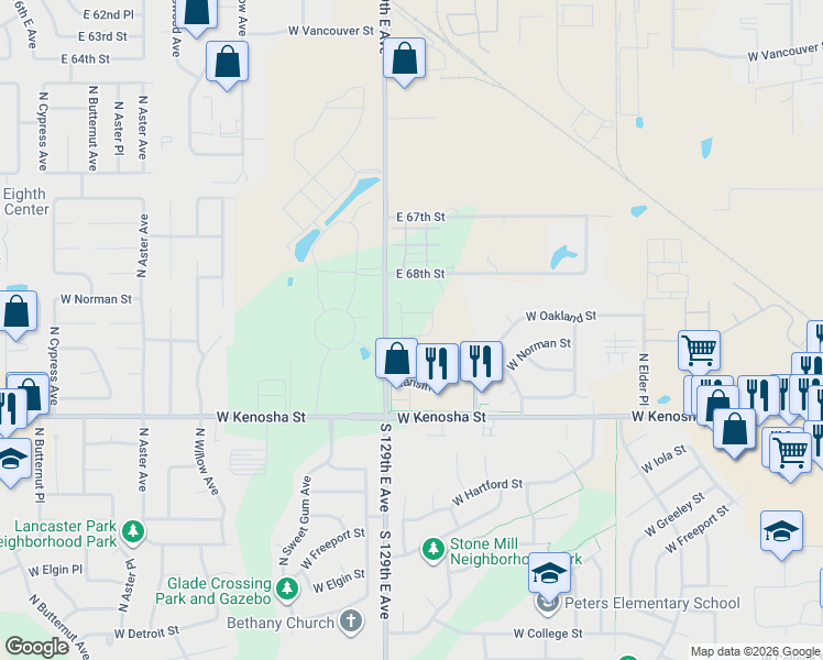 map of restaurants, bars, coffee shops, grocery stores, and more near 3409 West Norman Street in Broken Arrow