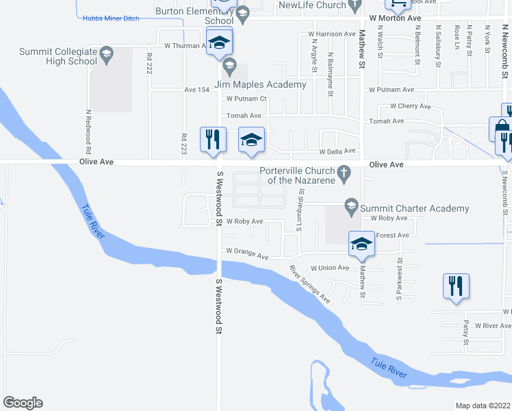 map of restaurants, bars, coffee shops, grocery stores, and more near 2286 West Roby Avenue in Porterville