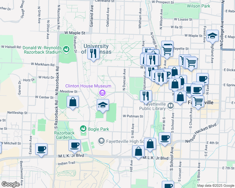 map of restaurants, bars, coffee shops, grocery stores, and more near 831 West Center Street in Fayetteville