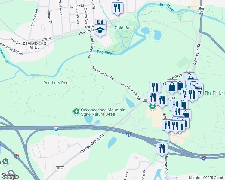map of restaurants, bars, coffee shops, grocery stores, and more near 504 Eno Mountain Road in Hillsborough