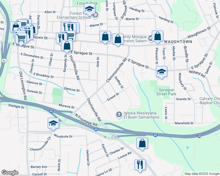 map of restaurants, bars, coffee shops, grocery stores, and more near 2623 Ludwig Street in Winston-Salem