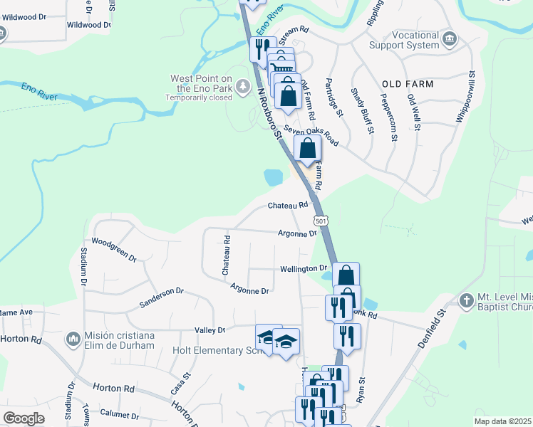 map of restaurants, bars, coffee shops, grocery stores, and more near 127 Chateau Road in Durham