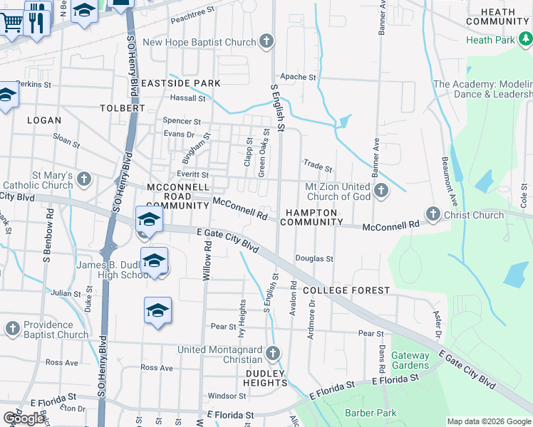 map of restaurants, bars, coffee shops, grocery stores, and more near in Greensboro