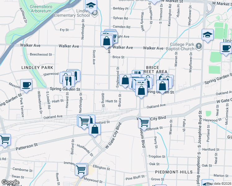 map of restaurants, bars, coffee shops, grocery stores, and more near 2100 Hiatt Street in Greensboro