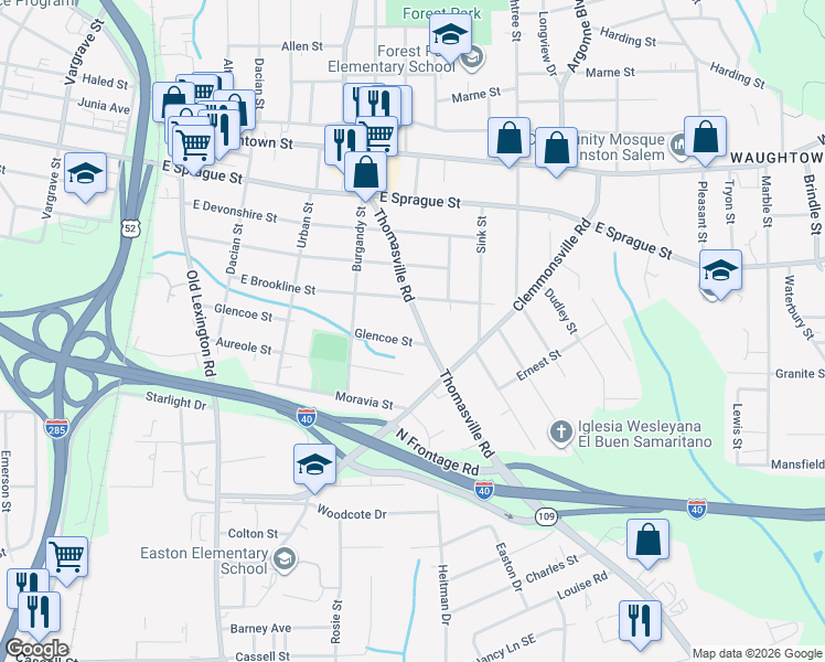 map of restaurants, bars, coffee shops, grocery stores, and more near 944 Glencoe Street in Winston-Salem