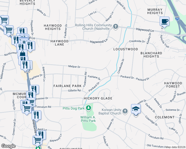map of restaurants, bars, coffee shops, grocery stores, and more near 315 Fairlane Drive in Nashville
