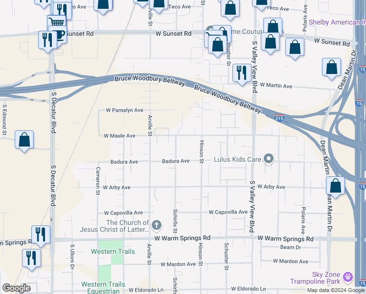 map of restaurants, bars, coffee shops, grocery stores, and more near 6930 Schirlls Street in Las Vegas