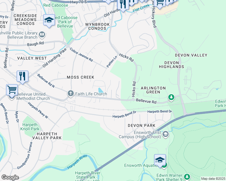 map of restaurants, bars, coffee shops, grocery stores, and more near 112 Bellevue Road in Nashville