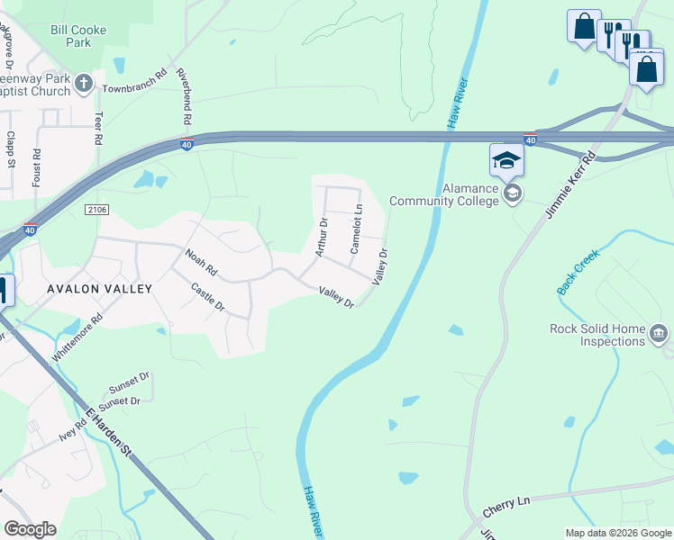 map of restaurants, bars, coffee shops, grocery stores, and more near 1181 Valley Drive in Graham