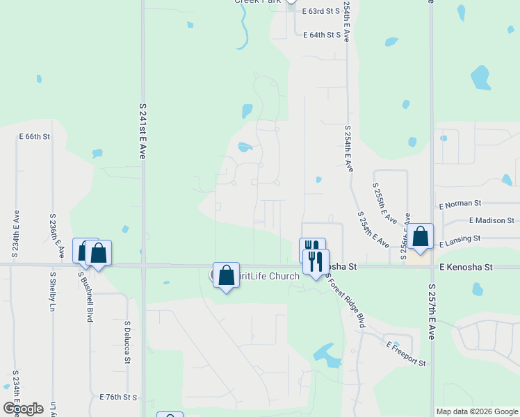 map of restaurants, bars, coffee shops, grocery stores, and more near 6918 South 245th East Avenue in Broken Arrow