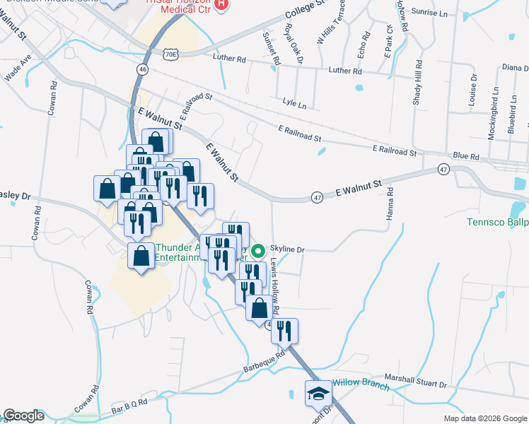 map of restaurants, bars, coffee shops, grocery stores, and more near 247 Skyline Drive in Dickson