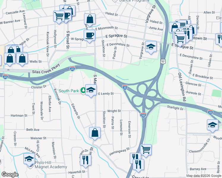 map of restaurants, bars, coffee shops, grocery stores, and more near 2700 Patria Street in Winston-Salem