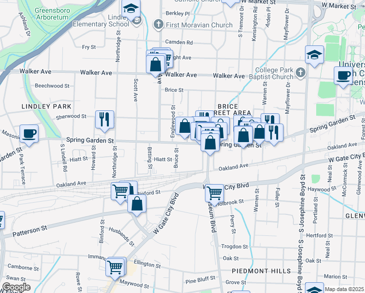 map of restaurants, bars, coffee shops, grocery stores, and more near 1923 Spring Garden Street in Greensboro
