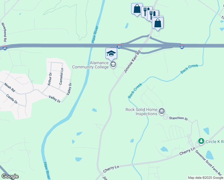 map of restaurants, bars, coffee shops, grocery stores, and more near 1247 Jimmie Kerr Road in Haw River
