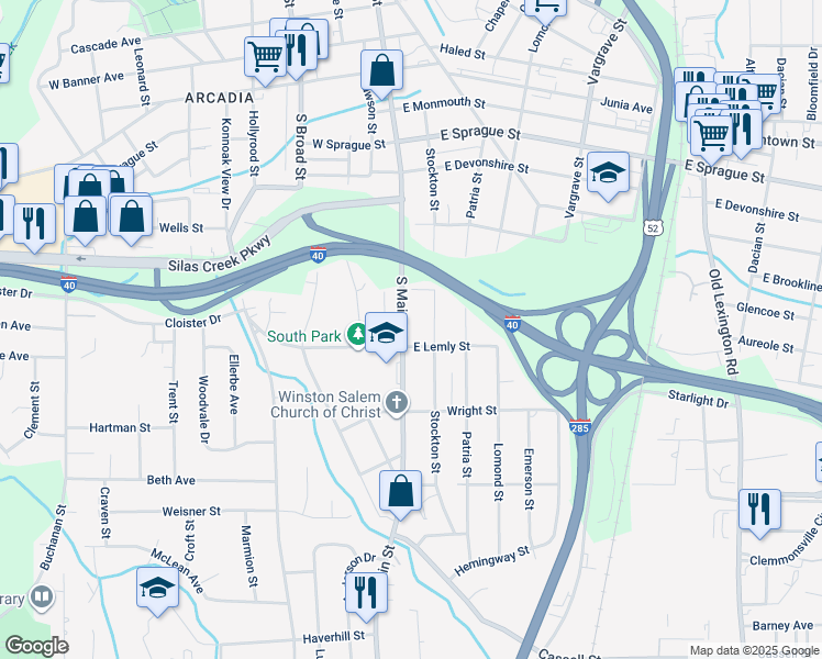 map of restaurants, bars, coffee shops, grocery stores, and more near 2644 Stockton Street in Winston-Salem