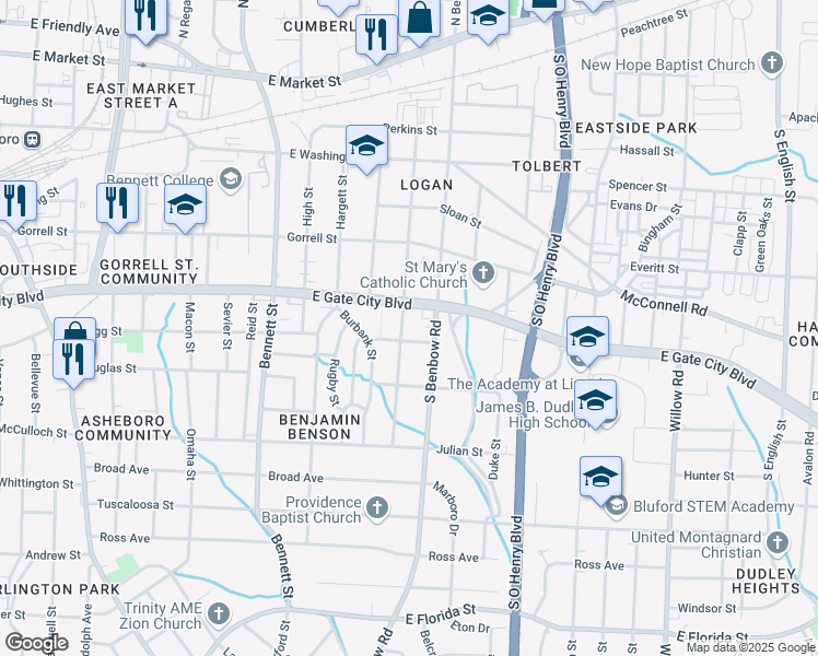 map of restaurants, bars, coffee shops, grocery stores, and more near 911 Logan Street in Greensboro