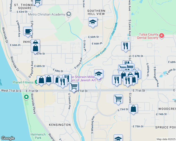 map of restaurants, bars, coffee shops, grocery stores, and more near 6901 South Utica Avenue in Tulsa
