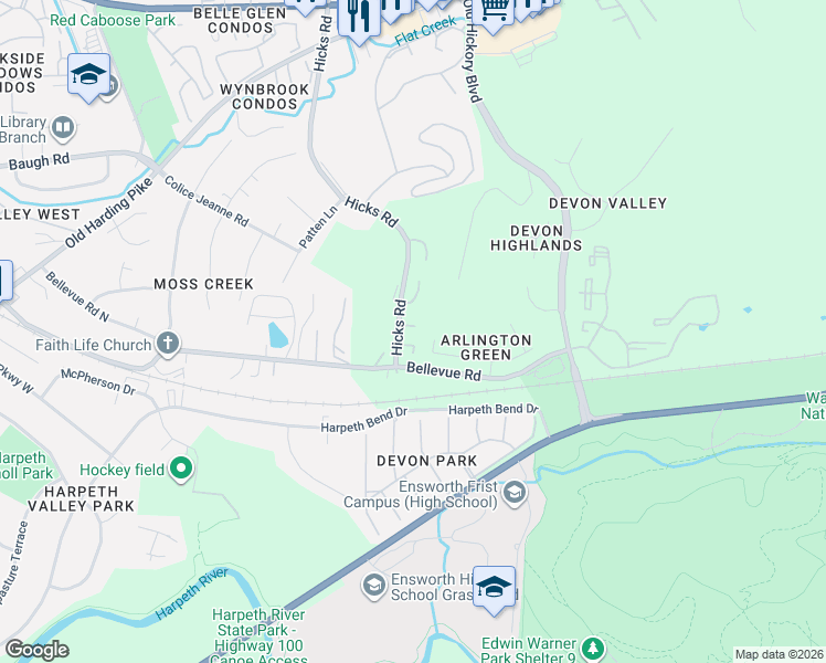 map of restaurants, bars, coffee shops, grocery stores, and more near 120 Hicks Road in Nashville