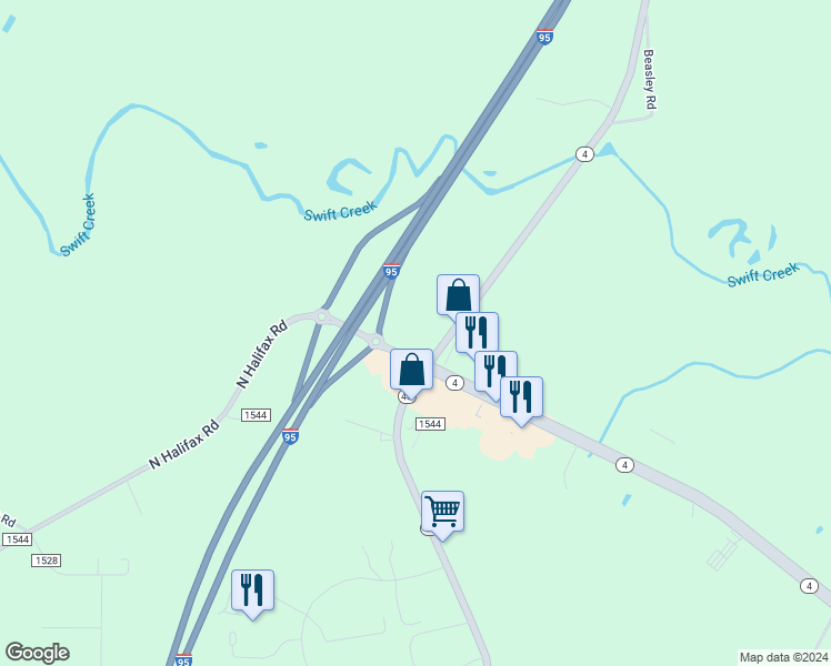 map of restaurants, bars, coffee shops, grocery stores, and more near 7688 North Carolina 48 in Nash County