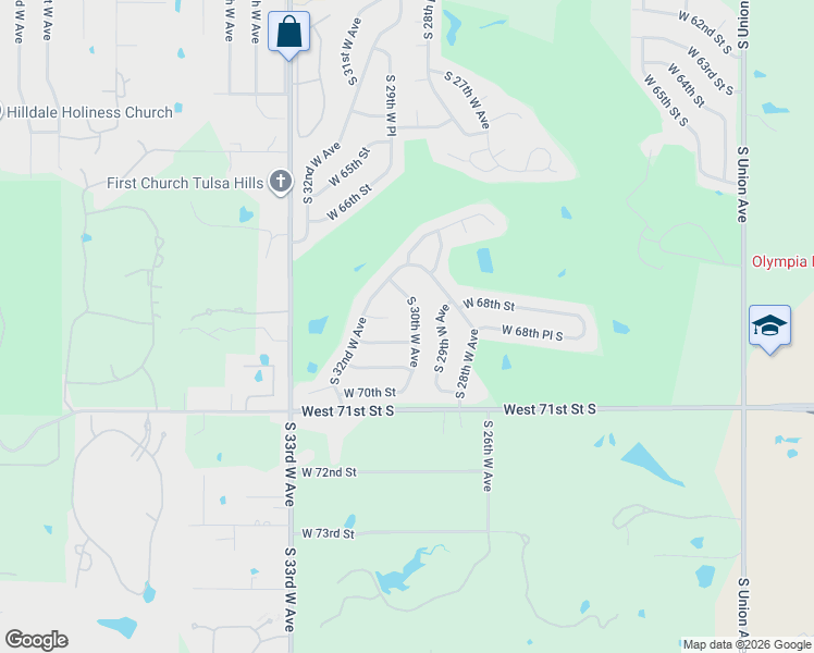 map of restaurants, bars, coffee shops, grocery stores, and more near 3016 West 69th Street South in Tulsa