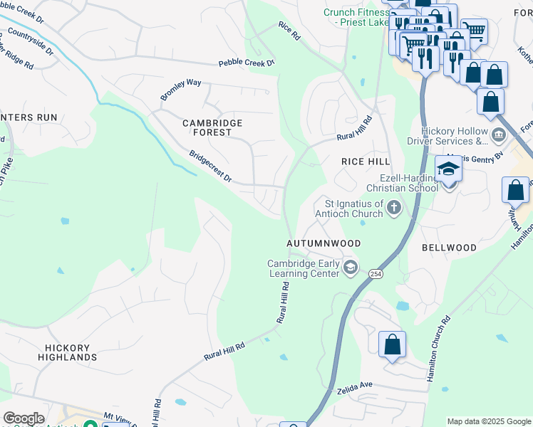 map of restaurants, bars, coffee shops, grocery stores, and more near 1515 Bridgecrest Drive in Nashville