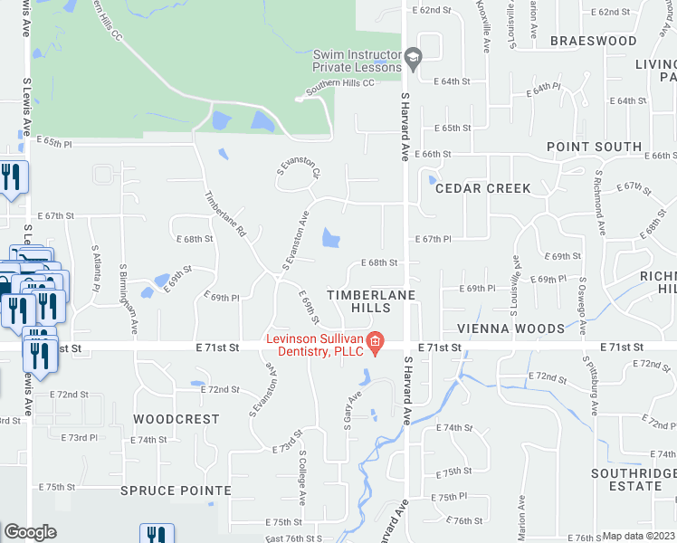 map of restaurants, bars, coffee shops, grocery stores, and more near 6814 South Florence Avenue in Tulsa