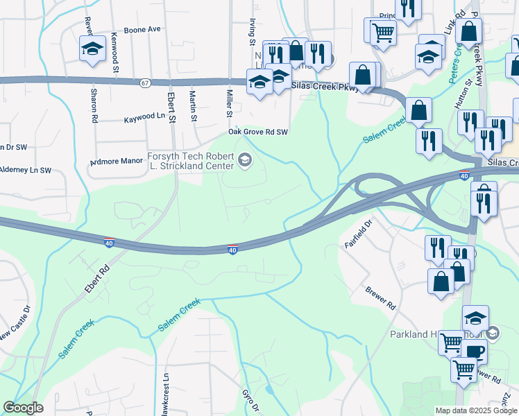 map of restaurants, bars, coffee shops, grocery stores, and more near 126 Weatherwood Court in Winston-Salem