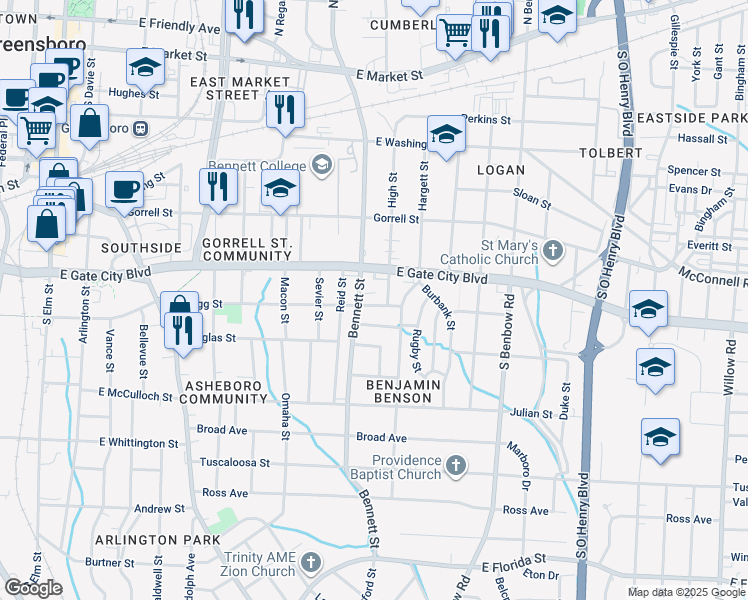 map of restaurants, bars, coffee shops, grocery stores, and more near 1007 East Bragg Street in Greensboro