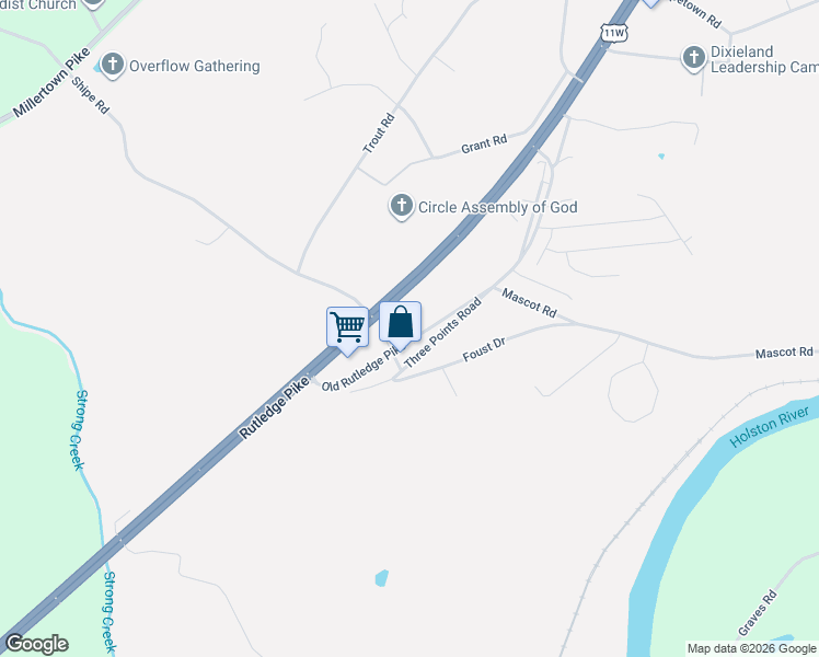 map of restaurants, bars, coffee shops, grocery stores, and more near 8510 Three Points Road in Knoxville
