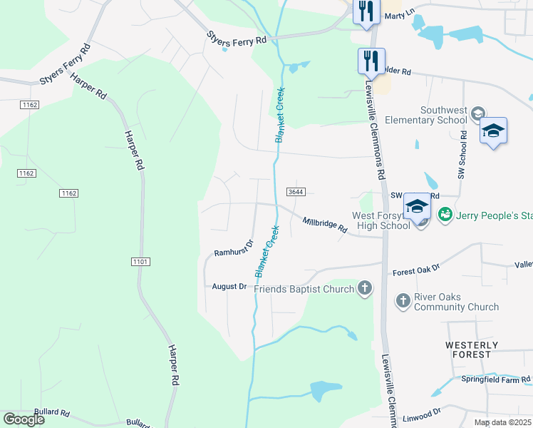 map of restaurants, bars, coffee shops, grocery stores, and more near 1743 Ramhurst Drive in Clemmons