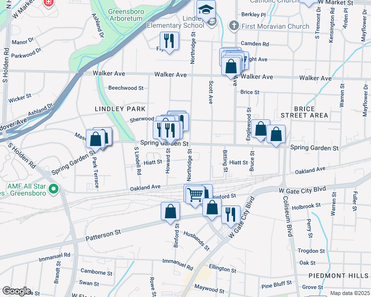 map of restaurants, bars, coffee shops, grocery stores, and more near 2510 Hiatt Street in Greensboro