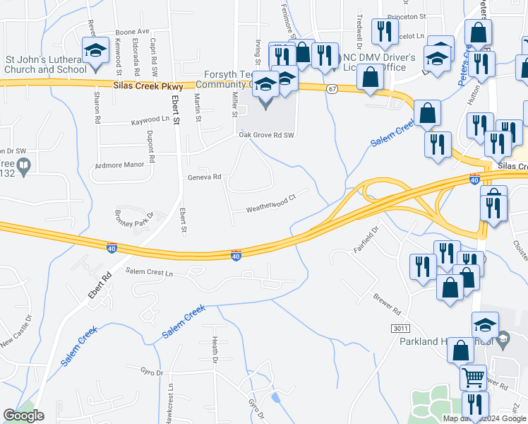 map of restaurants, bars, coffee shops, grocery stores, and more near 120 Weatherwood Court in Winston-Salem